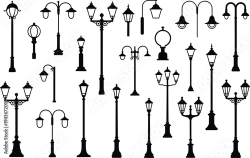 Vintage street lamp and garden light silhouette vector icon set for urban exterior architecture and park landscape design