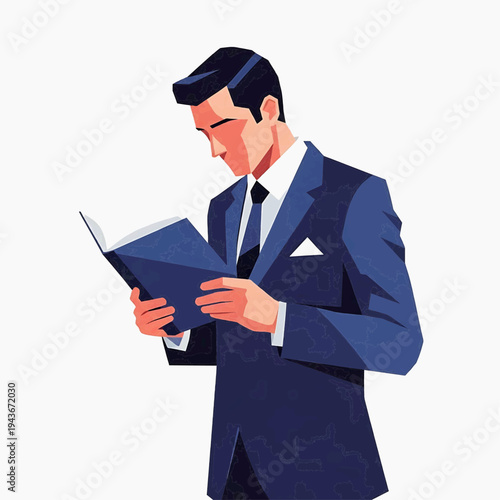 Serious businessman reading blue book on white background, professional development concept