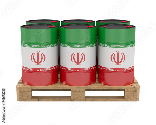 Steel oil drum with Iranian flag on pallet. Isolated 3D illustration on white background