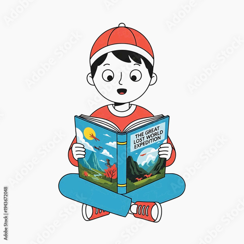 Young boy amazed reading adventure book on white background, children education concept