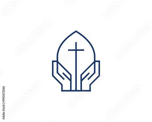 Hands holding a religious symbol with cross abstract logo clean lines