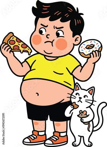 Humorous Cartoon Illustration of Overweight Boy Holding Pizza and a Donut