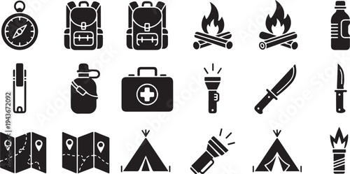 Set of 18 Black Camping and Outdoor Adventure Icons Vector Collection with Compass, Backpack, Campfire, Tent, Map, and First Aid Kit for Web and Print Design