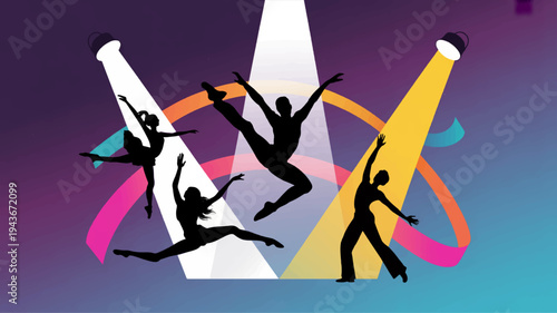 Silhouettes of three dancers in dynamic poses with colorful spotlights on a gradient background