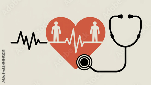 Medical symbol with stethoscope and heart rate line health care concept with male and female icons in red heart