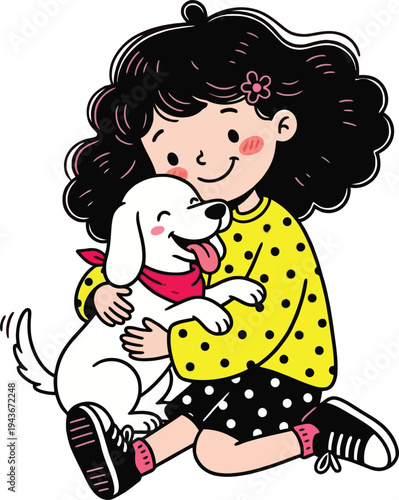 Cute Happy Little Girl Hugging Her White Puppy Dog Friend Illustration