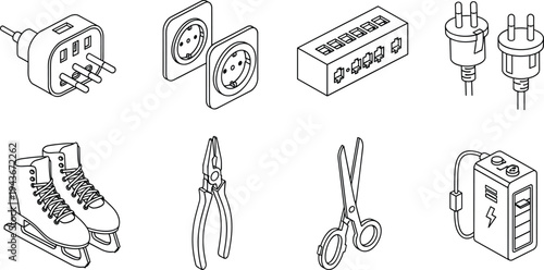 Isometric vector line art set featuring electrical power adapters, wall sockets, extension cords, plugs, ice skates, metal pliers, sharp scissors, and portable battery charger station.