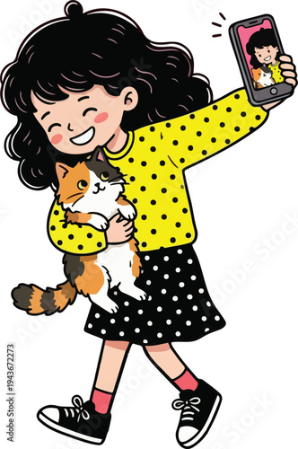 Happy young girl taking a selfie with her cute calico cat