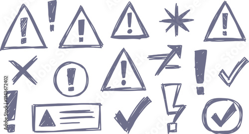 Set of 16 warning icons vector, exclamation marks, signs
