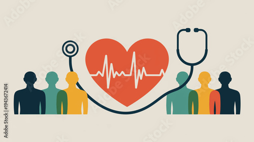 Healthcare concept with people stethoscope and heart rate line symbolizing medical care and wellness services for community health