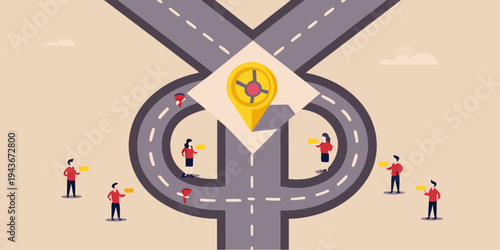 People contemplate choices at a road split with a compass indicator