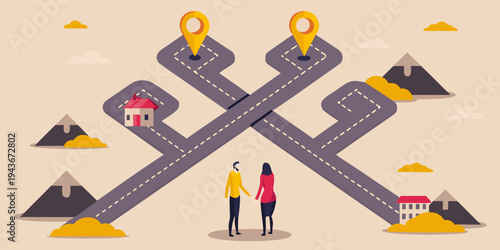 A crossroads with map markers and two people deciding on a path