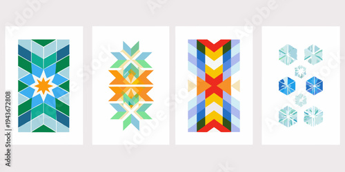 Four colorful geometric patterns arranged vertically in rectangular frames