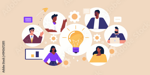 Diverse team collaborating and generating innovative ideas with bright concepts