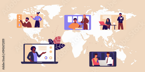 Global business team connecting through video conferencing and digital networks