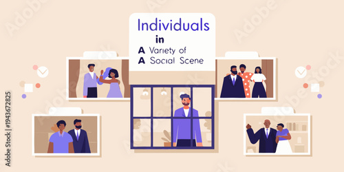 Illustration of diverse people framed within windows in a social setting