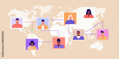 Global network connecting diverse portraits with lines over a world map