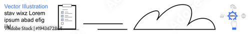 Cloud technology, data management, digital transformation, remote access, workflow optimization, storage solutions. A checklist transforms into a cloud-linked technological network. Cloud technology