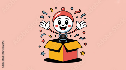 Happy cartoon character jumping out of a yellow box with confetti and stars on pink background