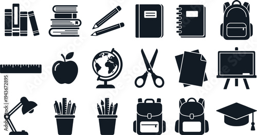 Education and School Supplies Icon Set with Books, Pencil, Backpack, Globe, Scissors, Ruler, Blackboard, Graduation Cap and Study Equipment Symbols