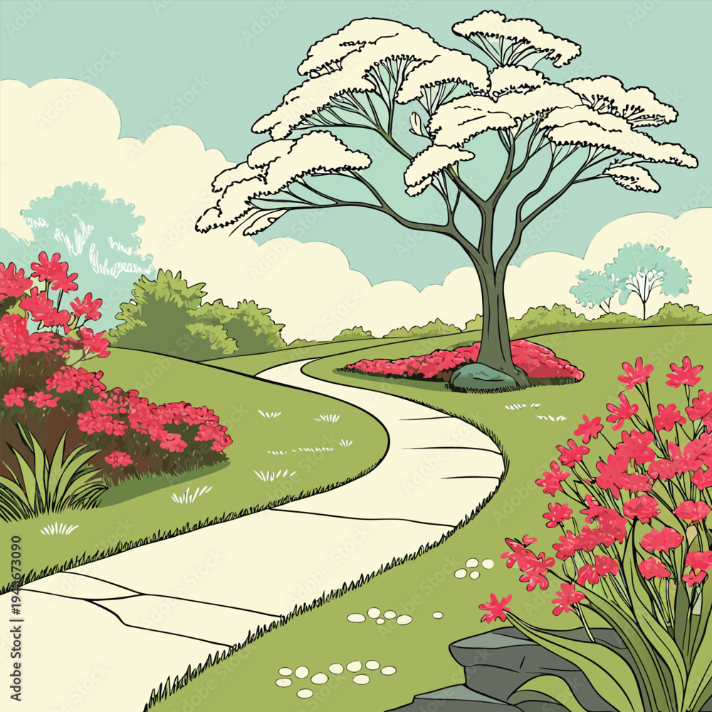 Obraz premium landscape with trees and flowers