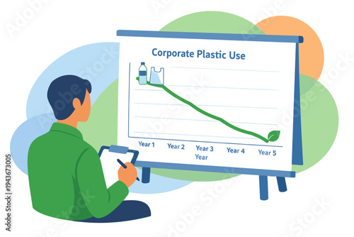 Man analyzes corporate plastic use reduction graph on whiteboard.