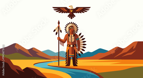 Native American Warrior with Eagle Symbol

Flat vector illustration of a Native American warrior standing with an eagle flying overhead. Natural landscape with mountains and river visible. Flat vector
