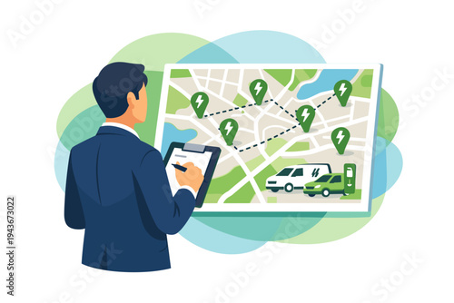 Man planning electric vehicle charging station route on map.