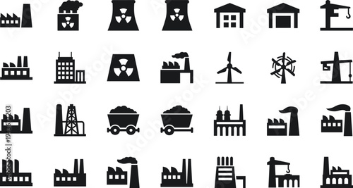 Large set of industrial factory silhouettes and power plant icons featuring nuclear reactors warehouses cranes wind turbines and mining carts isolated on white background