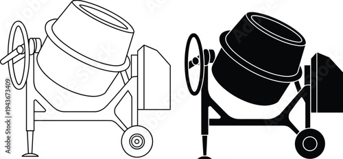 Concrete mixer machine icon set, construction cement mixer equipment vector illustration in outline and silhouette style isolatedConcrete mixer machine icon set, 