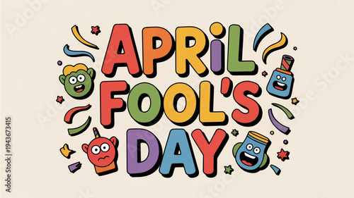 Colorful april fool's day greeting with cartoon characters and confetti on beige background