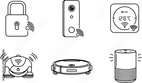Clean outline smart house technology symbols collection, domestic automation set, "Created with AI assistance and manually refined."