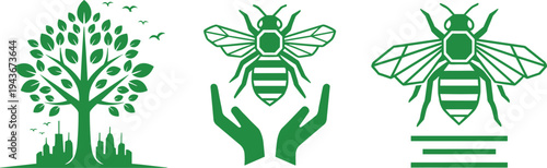 Bee conservation eco icons set, honey bee protection nature environment symbols collection, green ecology pollination vector illustration