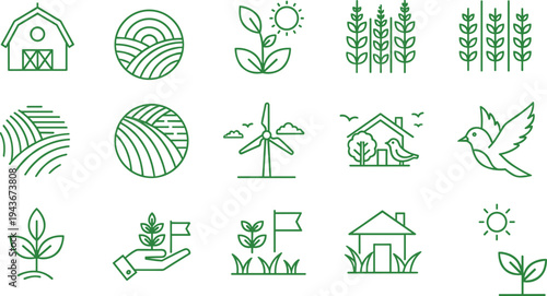 Agriculture farm line icons set, rural farming landscape symbols collection, barn crops wind turbine nature eco vector outline