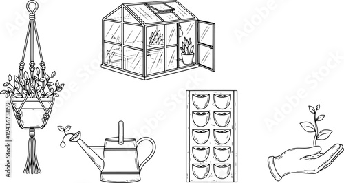 Clean outline home gardening and botanical symbols collection, sustainable lifestyle set, "Created with AI assistance and manually refined."