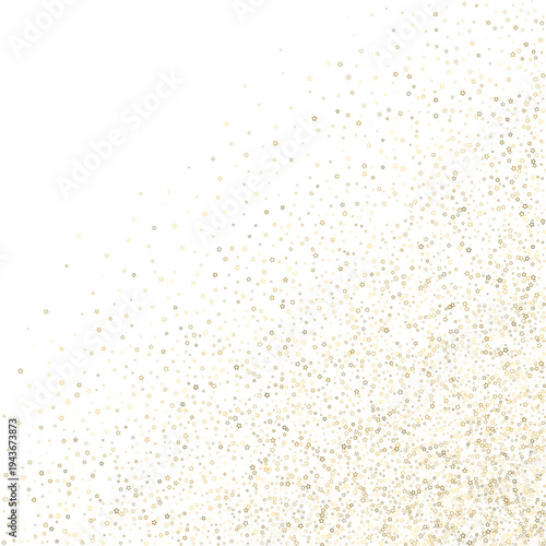 Gold Glitter Stars. Luxury Shiny Confetti. Scattered little sparkle. Flash glow silver element. Random magic tiny light. Stellar fall white background. New Year, Christmas Vector illustration.
