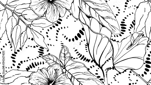Black and white tropical seamless pattern. Contrast exotic graphics print. Modern stripes motif. Summer flower, leaf on abstract brush. Organic, tropic vector background.Watercolor daubs, ink, stains.