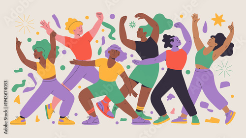 Diverse group of people dancing together with confetti and stars in a celebratory atmosphere with vibrant colors and dynamic movements