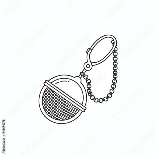 Line art of a mesh tea infuser ball with a chain and clip