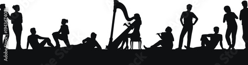Group of people silhouette relaxing, standing, sitting, playing harp and flute, social gathering leisure community, cad drawing flat vector illustration