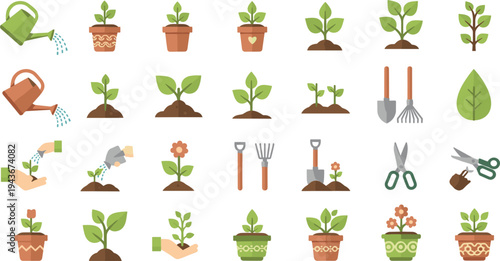 Gardening and Plant Growing Vector Icon Set with Watering Can, Flower Pots, Seedlings, Garden Tools, Leaves and Home Garden Care Elements