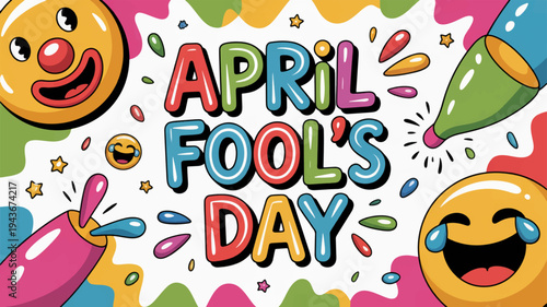 Colorful april fool's day celebration with laughing emojis and confetti