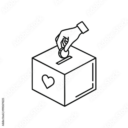 A hand drops a coin into a donation box with a heart symbol