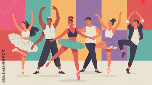 Diverse group of dancers in dynamic poses colorful background ballet and contemporary dance styles energetic and lively atmosphere vibrant colors studio