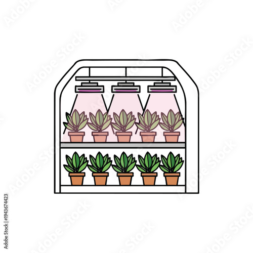A grow tent with two shelves displaying potted plants under artificial lights