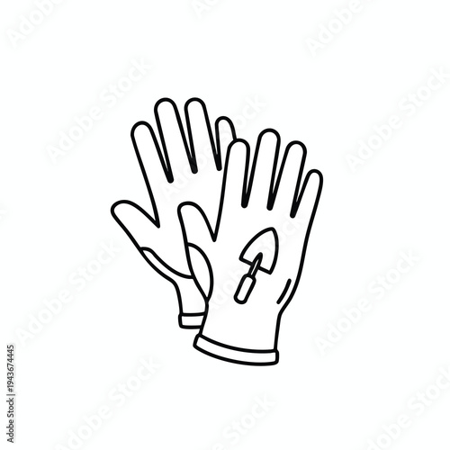 Black line art of two gardening gloves, one with a trowel icon