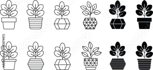 Minimalist potted plant icon set featuring linear and solid leaf illustrations in geometric pots for modern brand identity interior design and botanical vector.