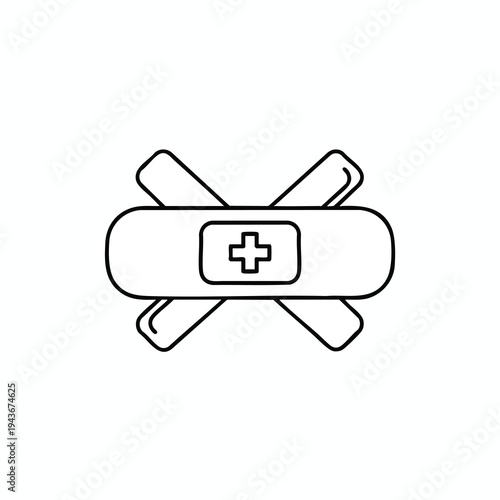 A minimalist outline of an X-shaped bandage with a cross in the center