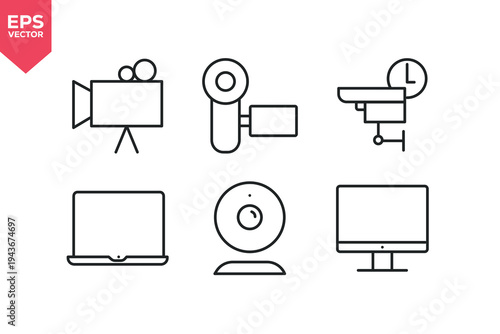 Set of line icons related to laptop, monitor, webcam, video camera, web, security camera. Editable stroke. Vector illustration