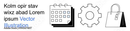 Business management, planning schedules, e-commerce, productivity, shopping, technology. A calendar, gear and shopping bag icons are displayed. Business management and planning schedules concepts